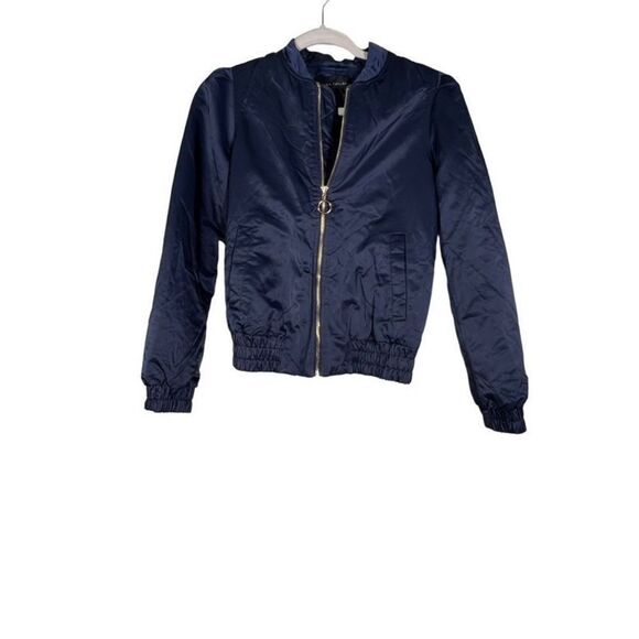 Ann Taylor Women's Navy Blue Satin Ribbed Bomber Jacket Size XXS - Picture 2 of 7